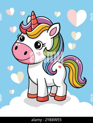 Une mignonne licorne de dessin animé avec une illustration vectorielle Rainbow Mane Illustration de Vecteur