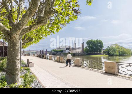 Boulevard longeant la Saône avec vue sur l'île Saint-Laurent et notre du doyenne à Chalon-sur-Saône en Bourgogne en France Banque D'Images