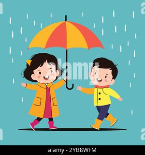 Enfant heureux dans un imperméable rouge et des bottes en caoutchouc tenant un parasol humide - jouer par temps pluvieux avec une illustration vectorielle de dessin animé de sourire Illustration de Vecteur