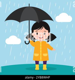 Happy Kid in Yellow Raincoat jouant avec Umbrella in the Rain – Cute Cartoon Vector Illustration de Vecteur