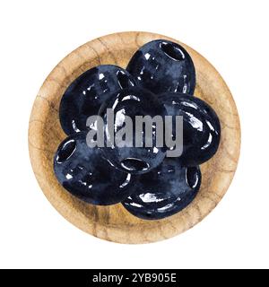 Illustration aquarelle d'olives et d'olives noires dans une assiette en bois. Illustration dessinée à la main de fruits d'olive dans une assiette. Banque D'Images