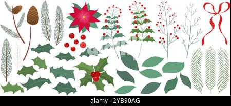 Ensemble de Noël de feuilles, branches de sapin, baies sur les branches, cônes de sapin, fleur de poinsettia et arc rouge Illustration de Vecteur