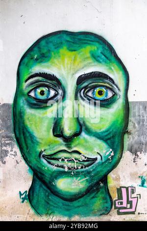 Une peinture graffiti d'un visage vert sur un mur à l'intérieur d'une centrale abandonnée abandonnée à Power Town, Mossel Bay, Western Cape, Afrique du Sud Banque D'Images
