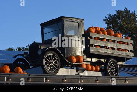 Un camion antique chargé de citrouilles se trouve sur le toit d'un marché agricole sur l'île de Vancouver, Colombie-Britannique, Canada Banque D'Images