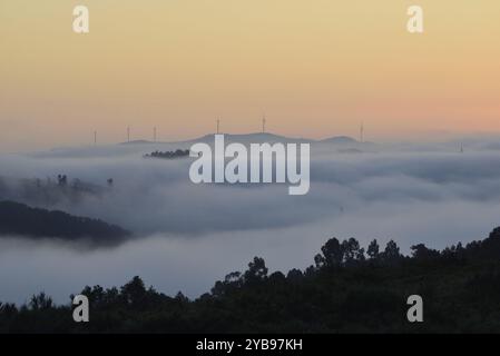 Paysage dans le nord du Portugal, par une journée brumeuse avec des moulins à vent en arrière-plan Banque D'Images