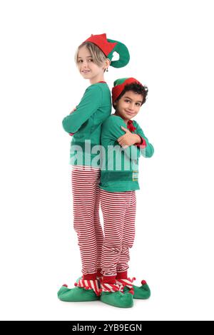 Mignons petits enfants en costumes d'elfes isolé sur fond blanc Banque D'Images