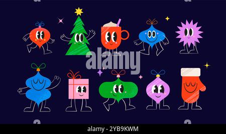 Joyeux Noël, Collection de dessins animés drôles de Noël, autocollants, illustrations. Ornements de Noël de style moderne rétro, Père Noël, arbre de Noël avec des visages mignons Illustration de Vecteur