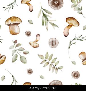 Fond d'écran aquarelle Forest Mushrooms Seamless. Ornement automnal dessiné à la main avec feuillage sur fond blanc. Papier d'emballage de toile de fond de plante, motif. Banque D'Images