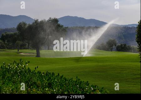 De douces jets d'eau d'un arroseur, nourrissant l'herbe magnifiquement entretenue sur un terrain de golf paisible, entouré de collines vallonnées en arrière-plan. Banque D'Images