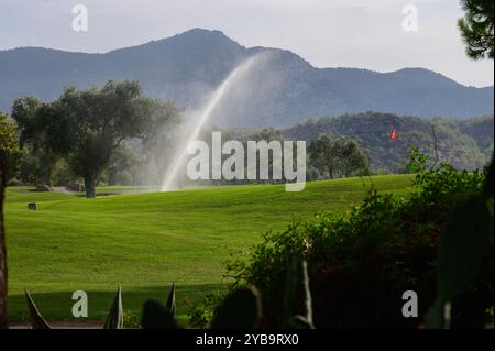 Un parcours de golf tranquille prend vie dans la lumière du matin, avec des fairways verdoyants et des jets d'eau pétillants du système d'irrigation, mis contre ma Banque D'Images