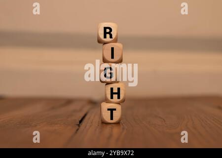 Symbole des droits éthiques ou légaux. Tourné un cube en bois et change les mots droits éthiques en droits légaux sur un beau fond rose, table grise. Busi Banque D'Images