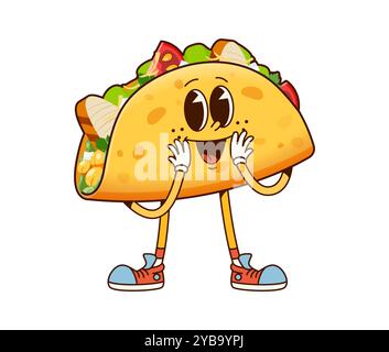 Tacos de restauration rapide groovy caractère. Dessin animé vecteur drôle tex mex fastfood personnage. Repas mexicain rempli de laitue, poulet et légumes. Encas avec un visage joyeux et funky, plat à emporter pour les enfants Illustration de Vecteur