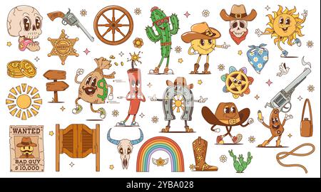 Personnages groovy occidentaux rétro de dessin animé. Personnages et symboles hippie Wild West. Chapeau de cow-boy vectoriel, bottes, pistolet shérif et étoile, soleil du Texas, crâne de cactus et de taureau, porte de saloon et affiche recherchée Illustration de Vecteur