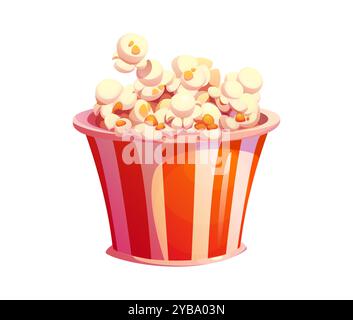Seau de pop-corn de dessin animé, snack de restauration rapide. Conteneur de maïs pop rayé blanc et rouge isolé vecteur avec tas de graines. Boîte de papier avec pop-corn pour le cinéma ou le divertissement de cinéma, repas de rue Illustration de Vecteur
