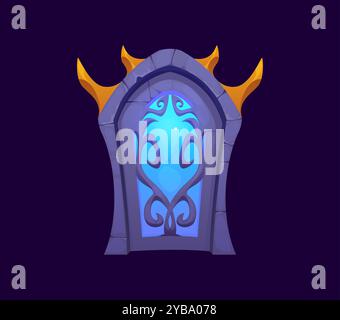Porte fantaisie ou portail magique pour jeu de mystère et de sorcellerie, atout de dessin animé vectoriel. Porte de portail magique dans l'arc en pierre du château secret ou donjon de fantaisie avec la lumière bleue brillante pour le jeu de mystère Illustration de Vecteur