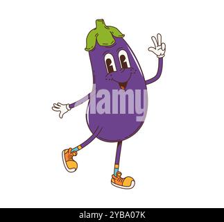 Personnage végétal d'aubergine groovy de dessin animé. Personnage végétarien cru de ferme vectoriel joyeux avec un visage souriant, des gants blancs et des baskets, frappant une pose ludique, incarnant une ambiance amusante et vivante des années 70 Illustration de Vecteur