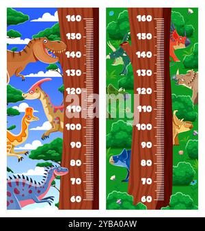 Règle de tableau de hauteur pour enfants avec des dinosaures préhistoriques drôles. Compteur de croissance vectorielle avec personnages animaliers drôles de dessin animé dans la forêt tropicale de la jungle. Échelle autocollante murale pour la mesure de la taille des enfants Illustration de Vecteur