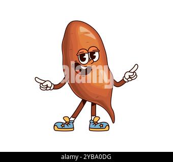 Caractère végétal groovy batata. Dessin animé vecteur cool veggie patate douce personnage avec une expression confiante, portant des baskets élégantes et pointant avec les deux mains respire une ambiance décontractée et amusante Illustration de Vecteur