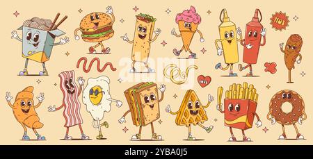 Dessin animé fast-food et petit déjeuner avec des desserts rétro personnages groovy. Personnages vectoriels de burger, sandwich et frites mignons. Hamburger hippie, crème glacée, chien de maïs, beignet, bacon, oeuf et croissant Illustration de Vecteur