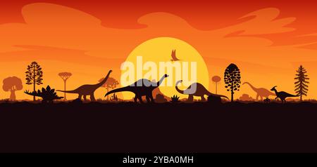 Silhouettes de dinosaures sur le paysage de coucher de soleil de l'ère Jurassique préhistorique, fond vectoriel. Dessins animés silhouettes de lézards dinosaures préhistoriques dans les arbres de la forêt de la jungle avec le soleil de montagne du volcan dans le ciel nocturne Illustration de Vecteur