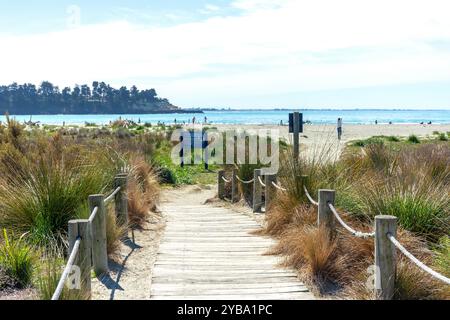 Promenade à la plage à travers les dunes de sable, Caroline Bay, Timaru (te Tihi-o-Maru), Canterbury, Île du Sud, nouvelle-Zélande Banque D'Images