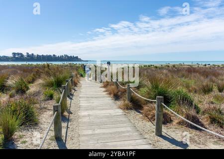 Promenade à la plage à travers les dunes de sable, Caroline Bay, Timaru (te Tihi-o-Maru), Canterbury, Île du Sud, nouvelle-Zélande Banque D'Images