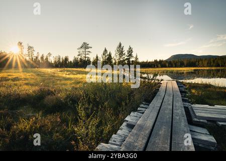 Golden Hour baigne l'herbe et le lac, le long d'une passerelle en bois à Idre dans Dalarna, Suède, les rayons de soleil vibrants de l'étoile de soleil brillant à travers les arbres Banque D'Images