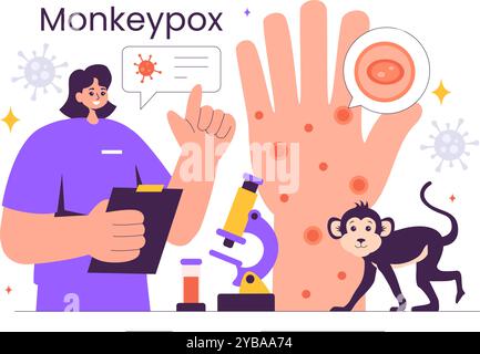 Illustration vectorielle d'épidémie de variole de singe montrant les symptômes du virus chez les humains avec des éléments microbiologiques dans un fond de dessin animé de style plat de soins de santé Illustration de Vecteur