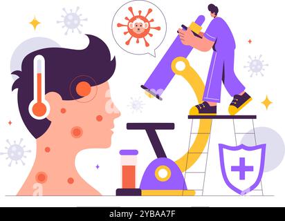 Illustration vectorielle d'épidémie de variole de singe montrant les symptômes du virus chez les humains avec des éléments microbiologiques dans un fond de dessin animé de style plat de soins de santé Illustration de Vecteur
