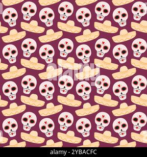 Crânes de sucre peints avec moustache et sombrero modèle sans couture jour du fond festif des morts. Illustration vectorielle isolée emballage, papier peint ou web, cartes, affiches, bannière, message d'accueil ou étiquettes Illustration de Vecteur