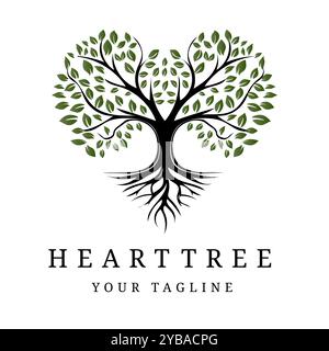 Love Tree Design. Arbre en forme de coeur avec racines grandissantes et illustration du logo Natural Life Illustration de Vecteur