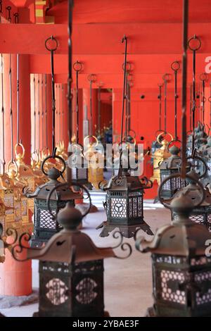 Lanternes traditionnelles en bronze décorant le Kasuga-taisha Shrine.Nara.Japan Banque D'Images