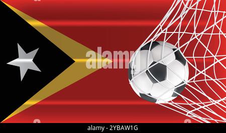 Soccer ou ballon de football dans Goal Net isolé sur le drapeau ombragé du Timor oriental, équipement accessoire de sport pour jouer au jeu, au championnat et à la compétition Illustration de Vecteur