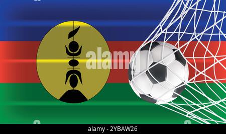 Soccer ou ballon de football en Goal Net isolé sur drapeau ombragé de Nouvelle-Calédonie, équipement accessoire sportif pour jouer jeu, Championnat et compétition Illustration de Vecteur