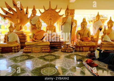 Des statues de Bouddha de couleur or s'affichent à Wat That Luang Tai dans le temple Pha That Luang avec le gardien du temple dormant au premier plan. Vientiane, Laos Banque D'Images