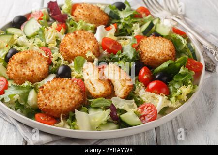 Délicieuse salade de fromage pané avec des légumes de saison gros plan dans une assiette sur une table en bois. Horizontal Banque D'Images