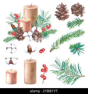 Branches d'arbre de Noël, bougies, baies rouges d'ilex, pommes de pin, coton. Illustration à l'aquarelle dessinée à la main de plantes d'hiver sur fond isolé. Banque D'Images