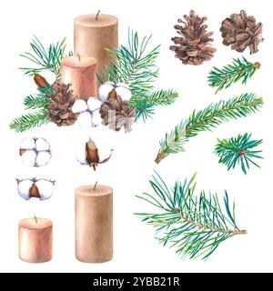 Brindilles d'arbre de Noël, bougies, pommes de pin, bornes de fleurs de coton. Ensemble d'aquarelle dessiné à la main de plantes à feuilles persistantes d'hiver sur fond isolé. Banque D'Images
