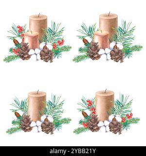 Branches d'arbre de Noël, bougies, baies de houx, pommes de pin, bolls de fleurs de coton. Ensemble d'aquarelle dessiné à la main de plantes d'hiver sur fond isolé Banque D'Images