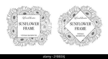 Cadre botanique dessiné à la main avec tournesols. Illustration vectorielle dans le style d'esquisse isolé sur blanc. Élément de conception de tournesol réaliste. Espace pour le texte Illustration de Vecteur