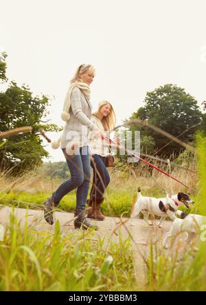 Mère et fille Walking Dogs Banque D'Images