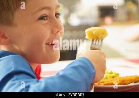 Jeune garçon mangeant les bâtonnets de poisson et légumes Banque D'Images