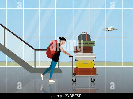 Femme avec sac à dos poussant chariot avec pile de valises dans l'aéroport Banque D'Images