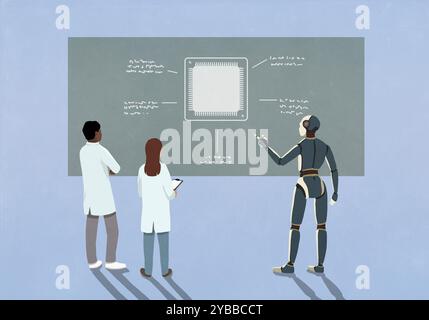 Robot et scientifiques examinant la micropuce sur le tableau noir Banque D'Images