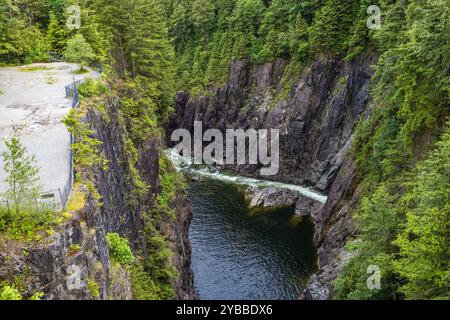 Un canyon spectaculaire au barrage de Cleveland dans le nord de Vancouver, avec des parois rocheuses abruptes et une rivière qui coule en contrebas, entouré d'une forêt verdoyante et luxuriante Banque D'Images