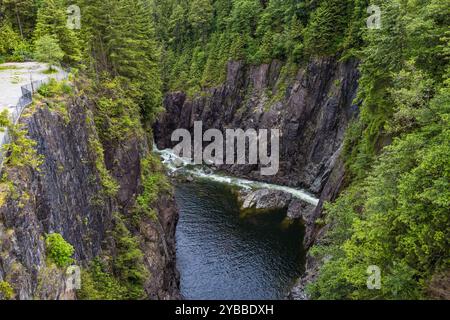 Un canyon spectaculaire au barrage de Cleveland dans le nord de Vancouver, avec des parois rocheuses abruptes et une rivière qui coule en contrebas, entouré d'une forêt verdoyante et luxuriante Banque D'Images