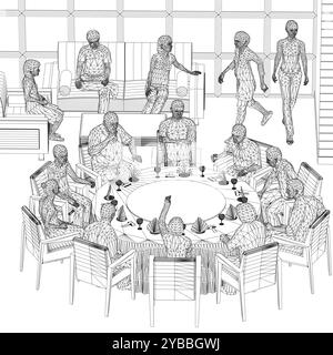 Wireframe de personnes assises dans le restaurant sur des chaises et un canapé de lignes noires isolées sur fond blanc. Intérieur du restaurant. Vue isométrique. Vecto Illustration de Vecteur