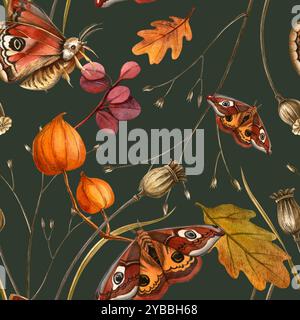 Papillons, feuilles, bulbes de pavot automne élégant motif botanique. Illustration d'aquarelle élégante sans couture sur fond sombre. Textile saisonnier Banque D'Images