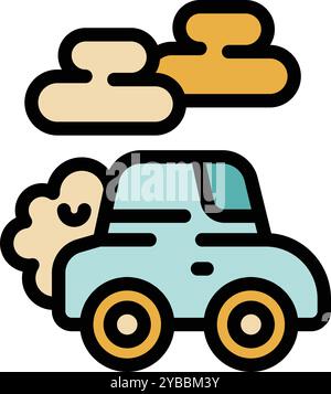 Voiture de dessin animé conduisant et laissant une grande traînée de gaz d'échappement derrière elle, polluant l'air Illustration de Vecteur