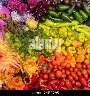 Légumes et fleurs colorés disposés dans des teintes arc-en-ciel. Banque D'Images